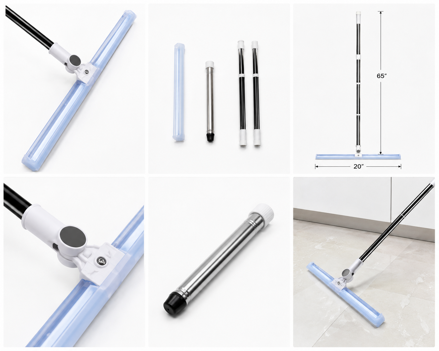 Floor Squeegee 20 inch Silicone Long Handle of 65" for Window Cleaning Shower Squeegee Scrubber Combi with Pole Extendable Telescopic Adjustable Stainless Glass Squeegee Bathroom Shower