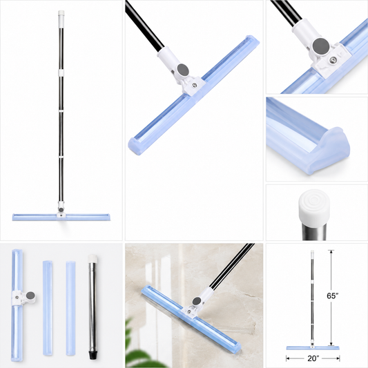Floor Squeegee 20 inch Silicone Long Handle of 65" for Window Cleaning Shower Squeegee Scrubber Combi with Pole Extendable Telescopic Adjustable Stainless Glass Squeegee Bathroom Shower