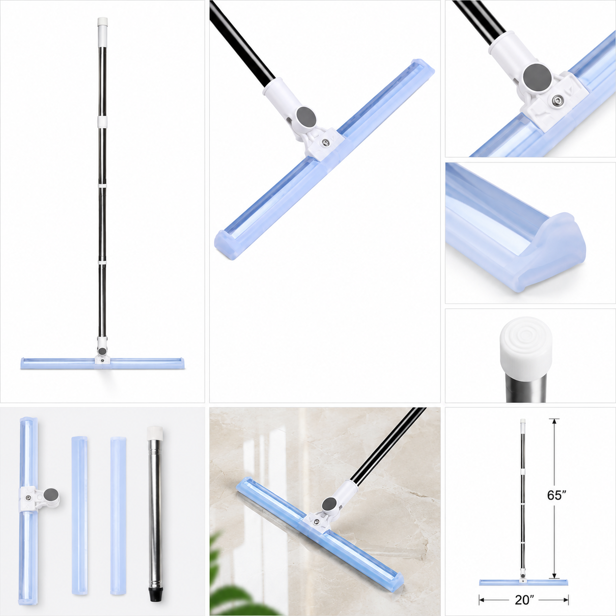 Floor Squeegee 20 inch Silicone Long Handle of 65" for Window Cleaning Shower Squeegee Scrubber Combi with Pole Extendable Telescopic Adjustable Stainless Glass Squeegee Bathroom Shower